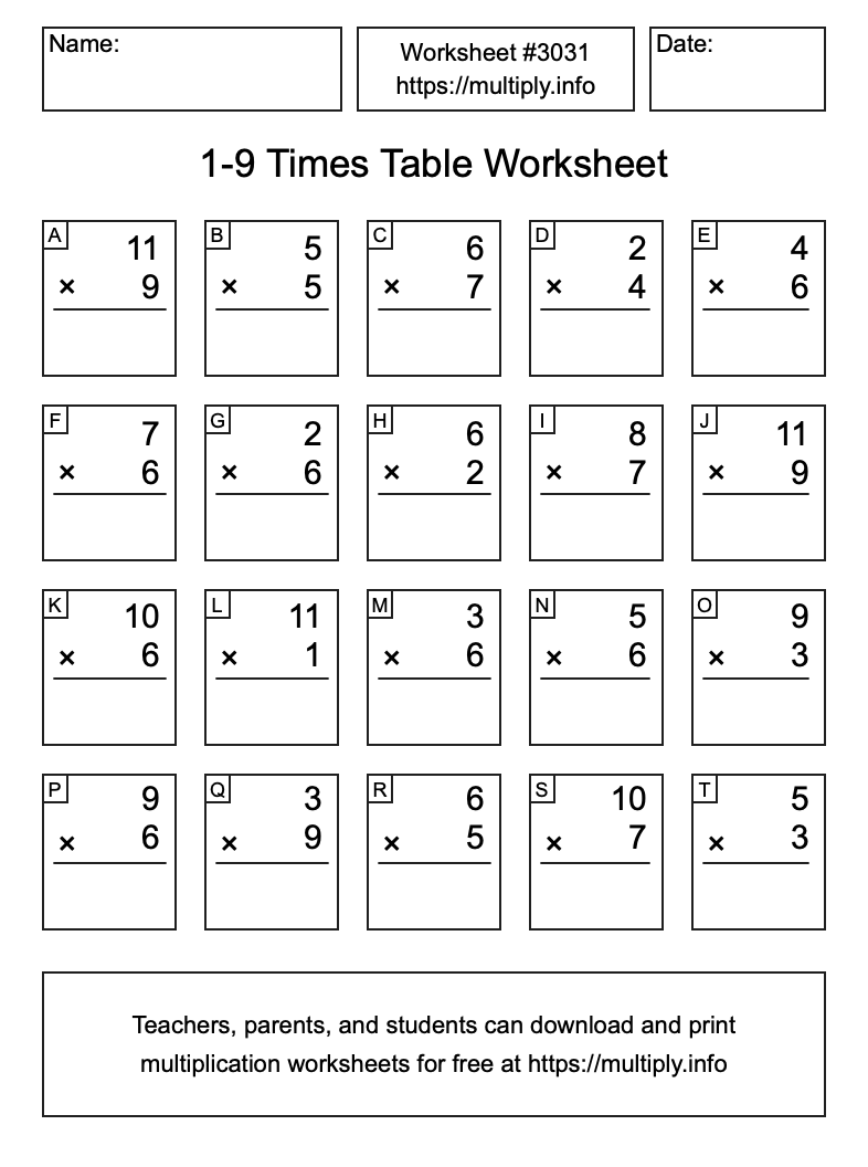 1 to 9 Times Table Worksheet #3031