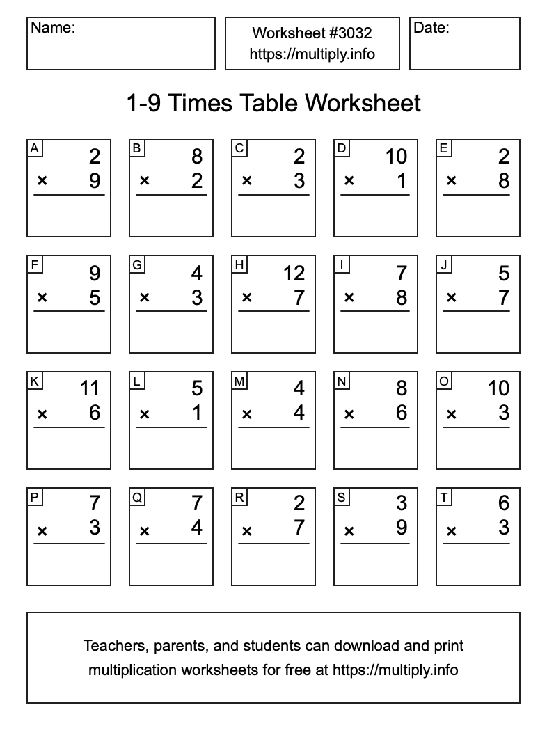 1 to 9 Times Table Worksheet #3032