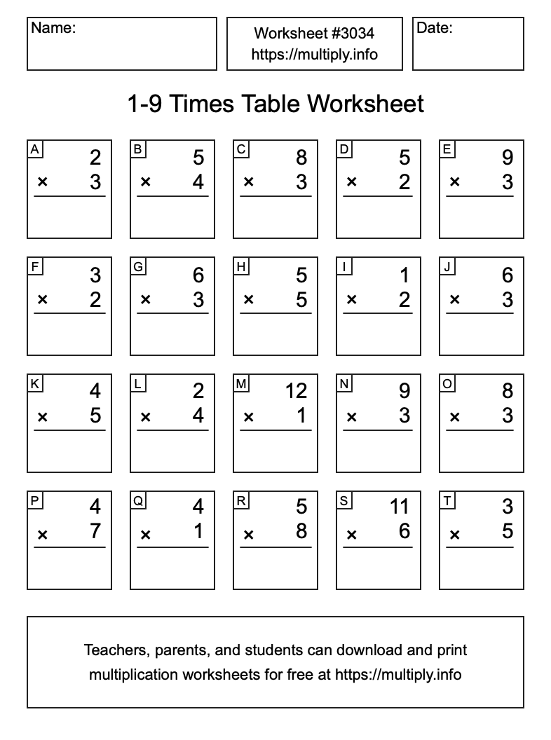 1 to 9 Times Table Worksheet #3034
