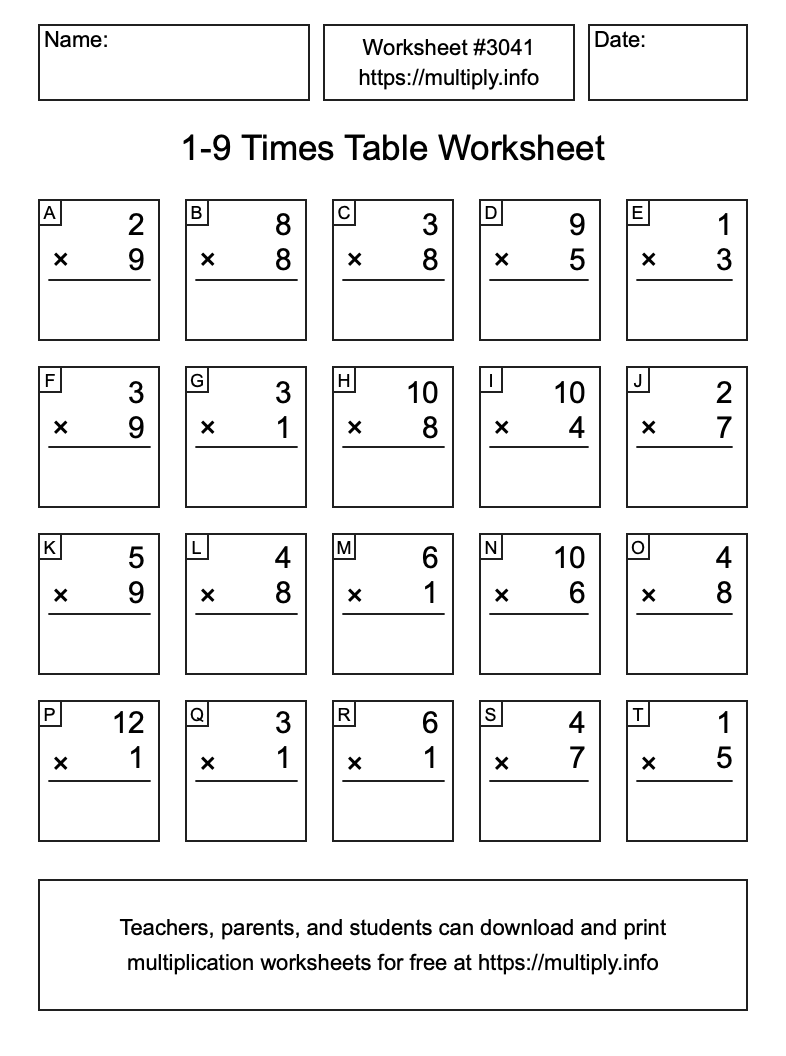 1 to 9 Times Table Worksheet #3041