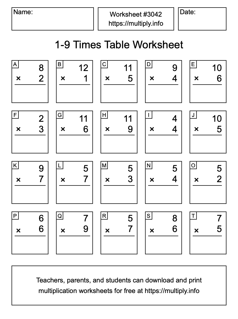 1 to 9 Times Table Worksheet #3042