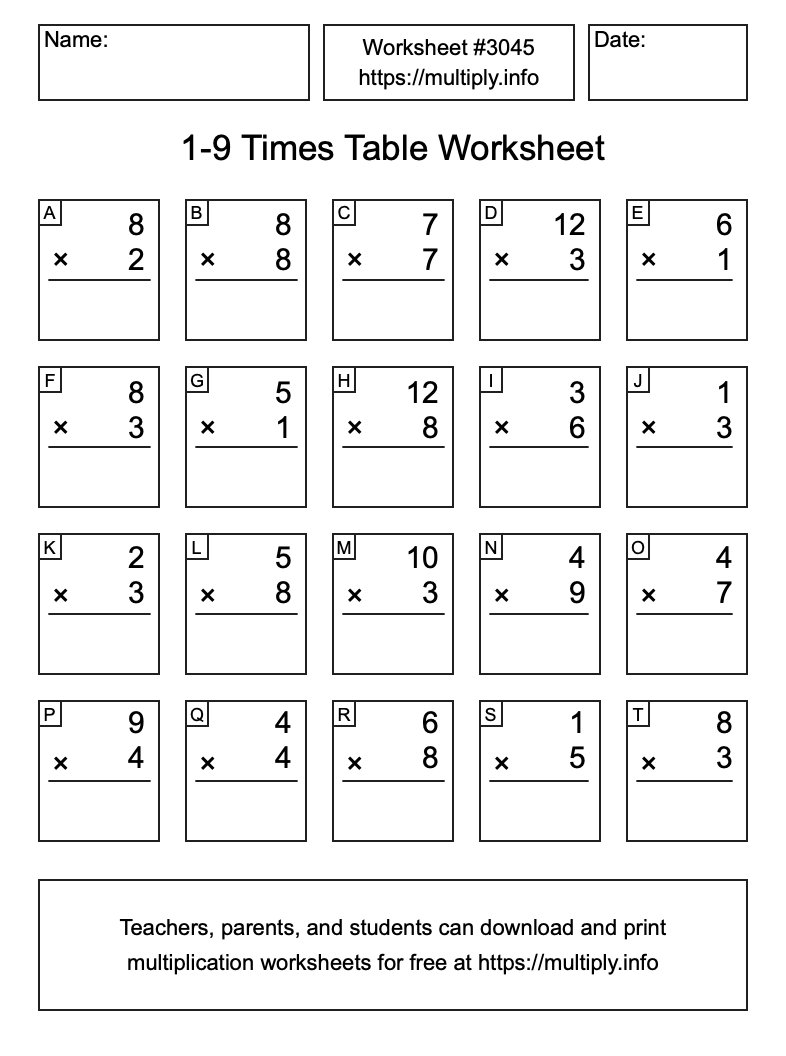 1 to 9 Times Table Worksheet #3045