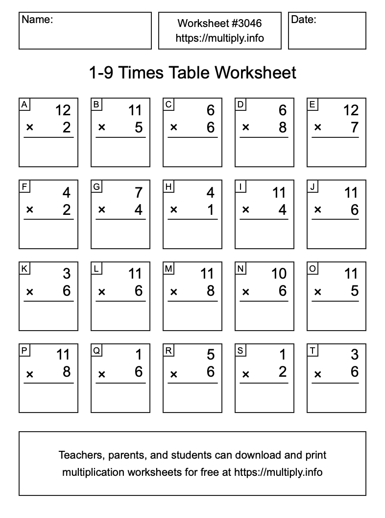 1 to 9 Times Table Worksheet #3046