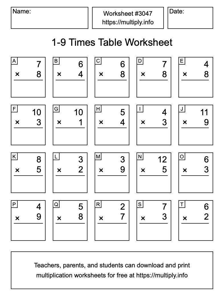 1 to 9 Times Table Worksheet #3047