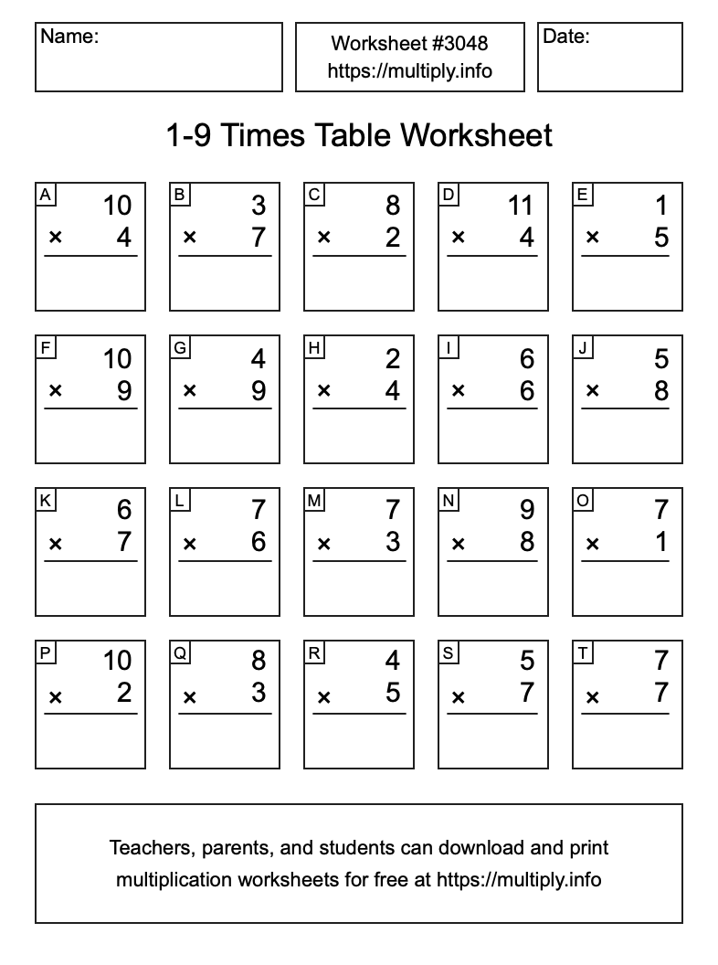 1 to 9 Times Table Worksheet #3048