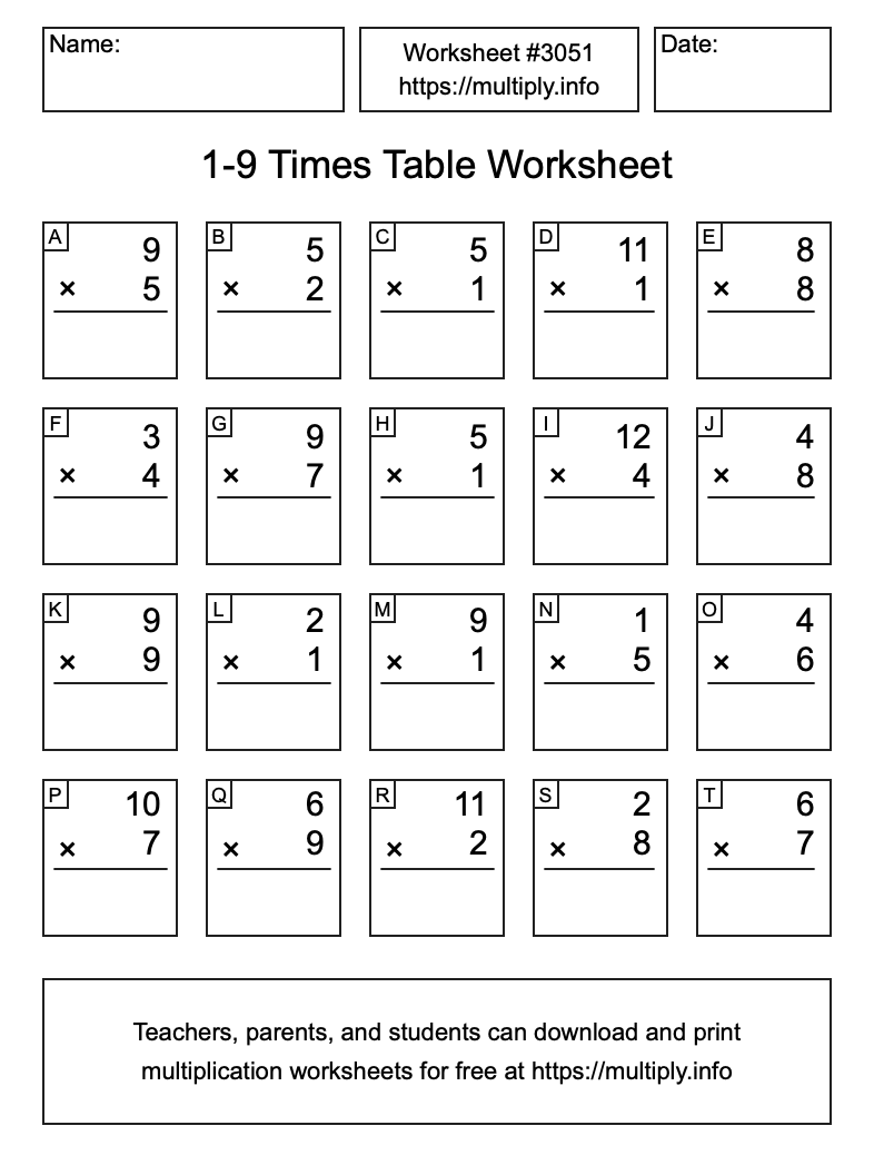 1 to 9 Times Table Worksheet #3051