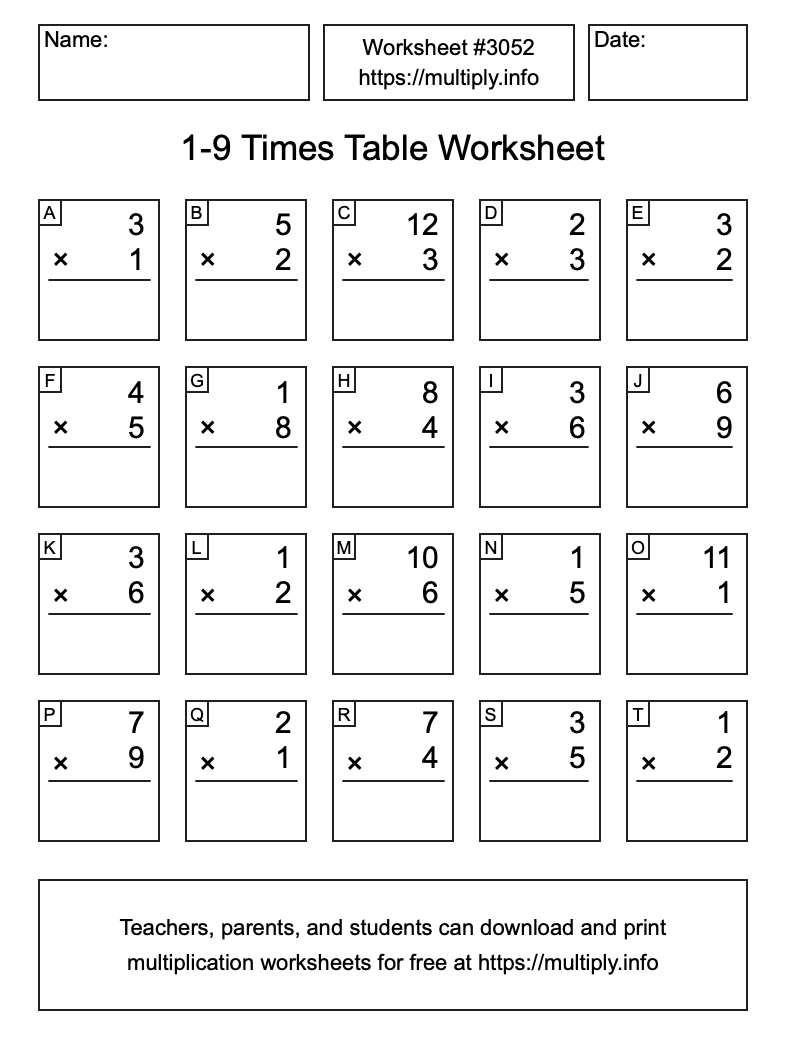 1 to 9 Times Table Worksheet #3052
