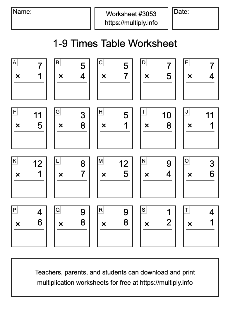 1 to 9 Times Table Worksheet #3053