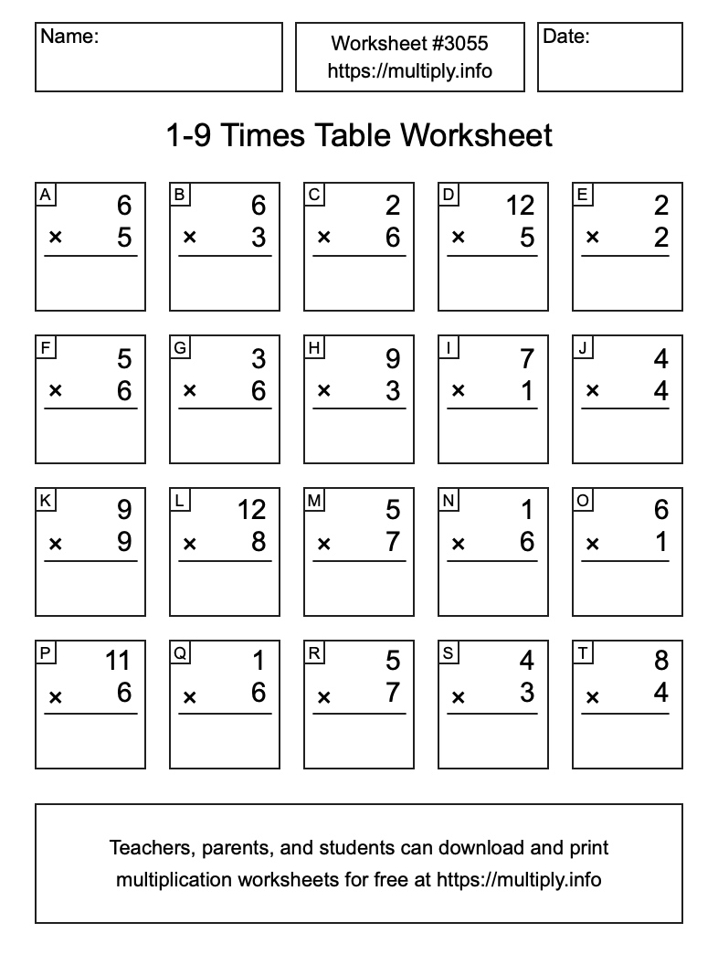 1 to 9 Times Table Worksheet #3055