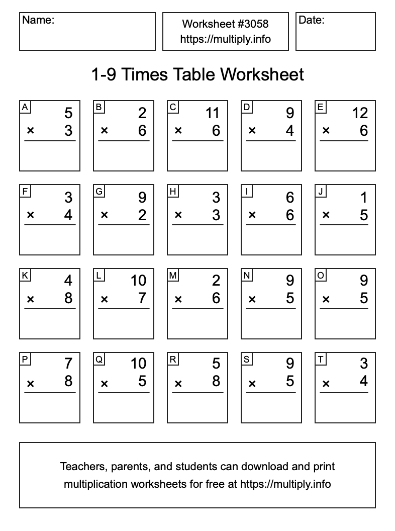1 to 9 Times Table Worksheet #3058