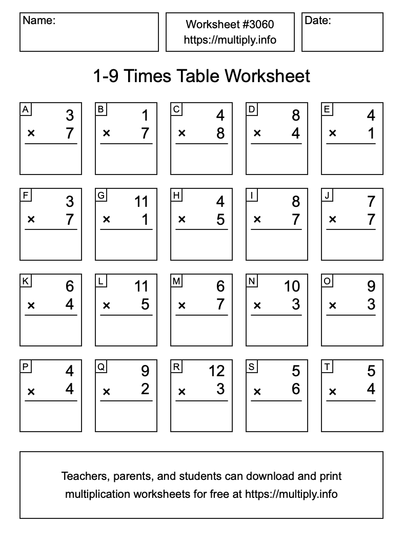 1 to 9 Times Table Worksheet #3060