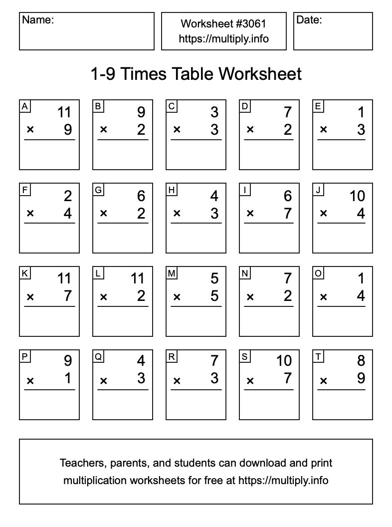 1 to 9 Times Table Worksheet #3061