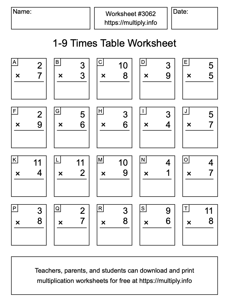 1 to 9 Times Table Worksheet #3062