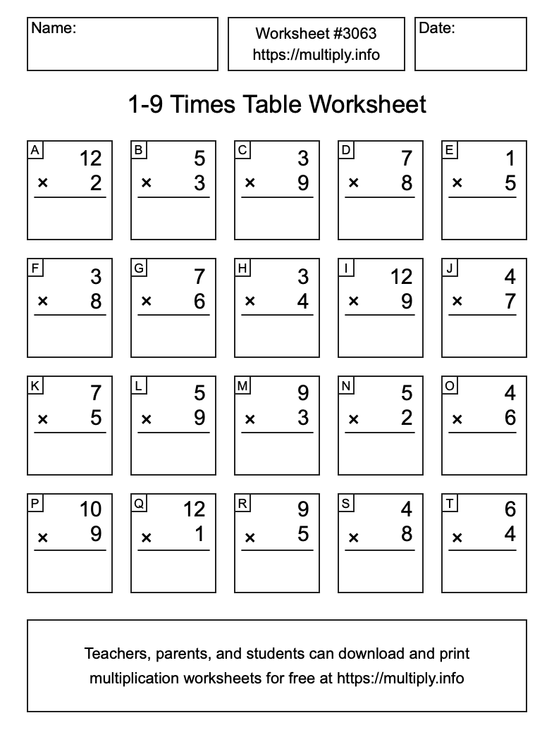 1 to 9 Times Table Worksheet #3063