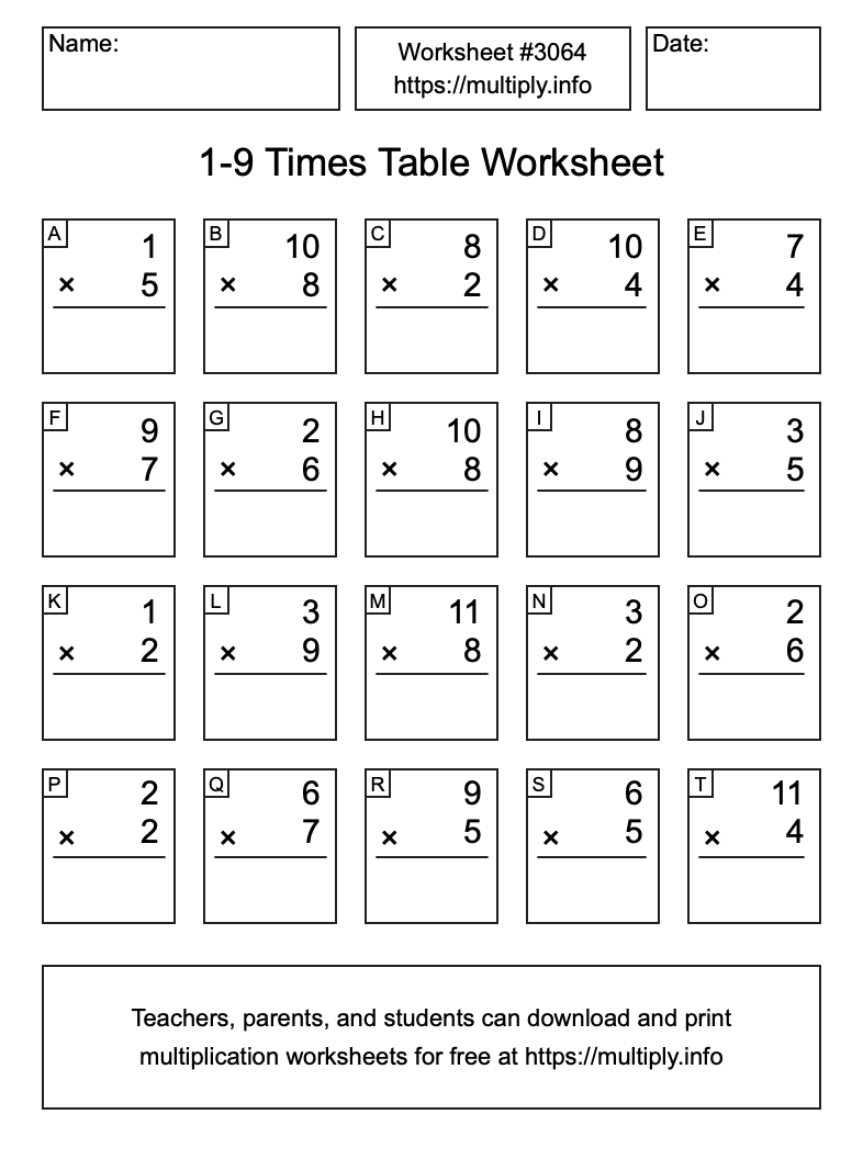 1 to 9 Times Table Worksheet #3064