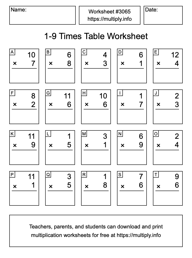 1 to 9 Times Table Worksheet #3065