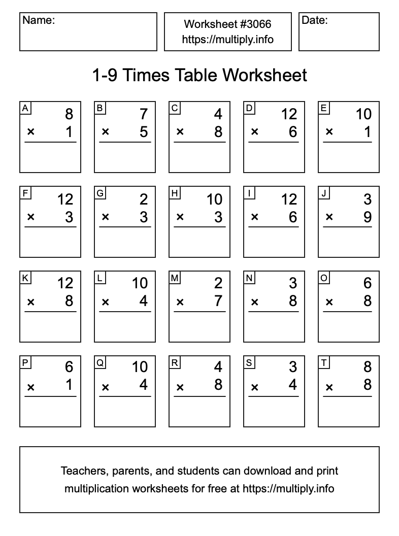 1 to 9 Times Table Worksheet #3066