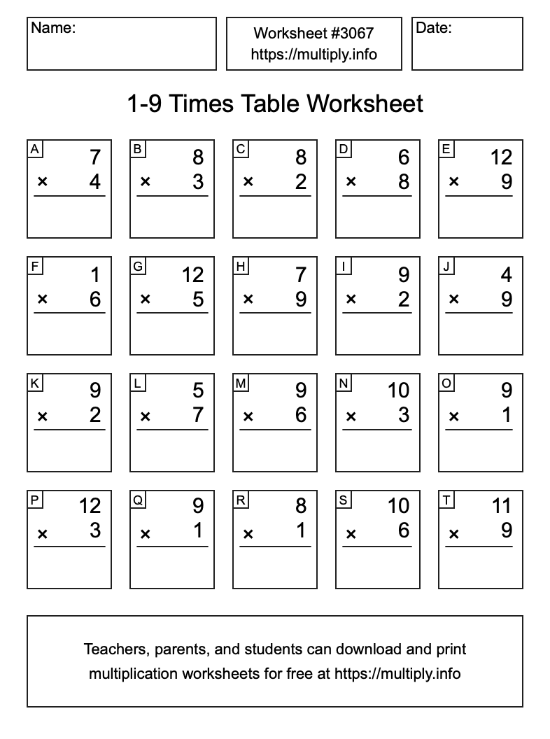 1 to 9 Times Table Worksheet #3067