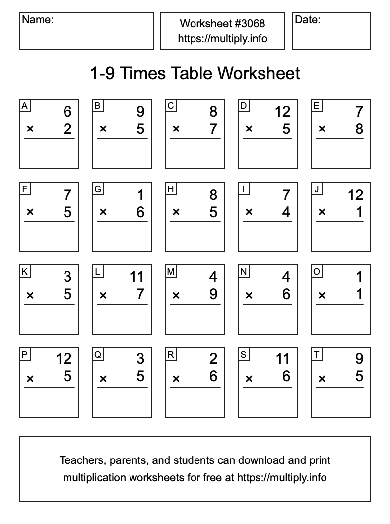 1 to 9 Times Table Worksheet #3068