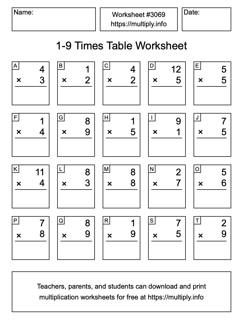 1 to 9 Times Table Worksheet #3069