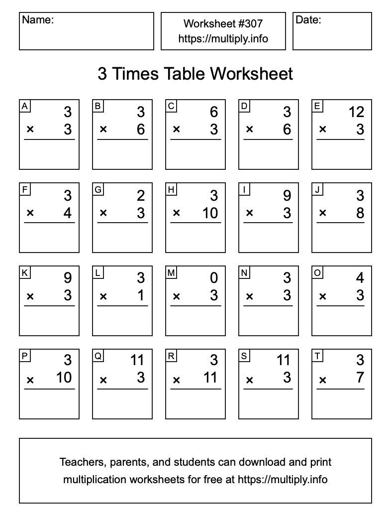 3 Times Table Worksheet #307