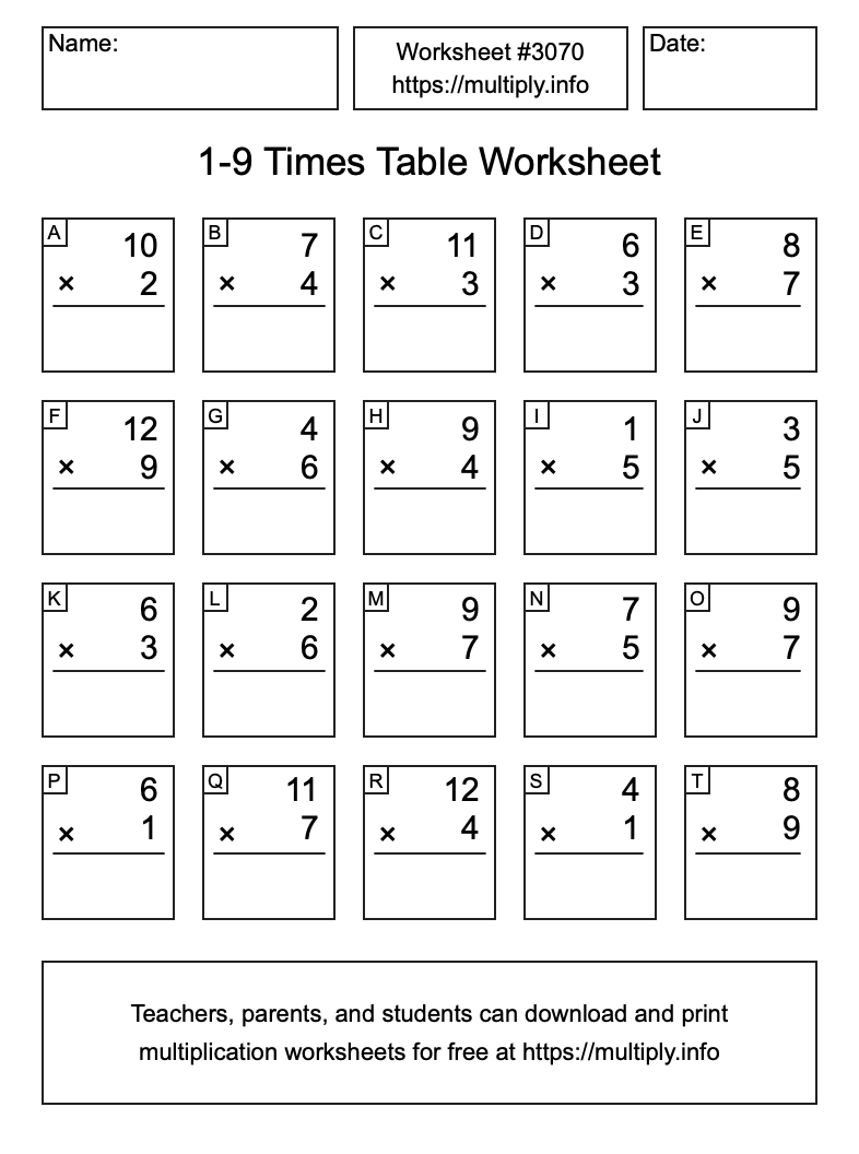 1 to 9 Times Table Worksheet #3070