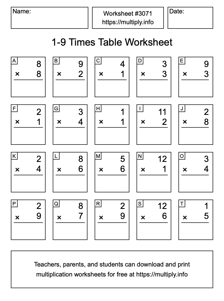 1 to 9 Times Table Worksheet #3071