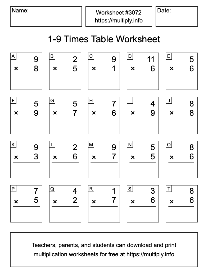 1 to 9 Times Table Worksheet #3072