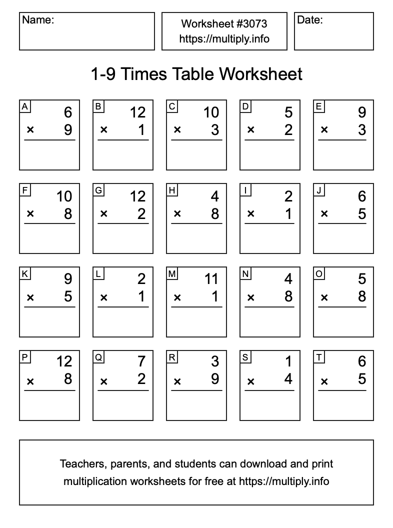 1 to 9 Times Table Worksheet #3073