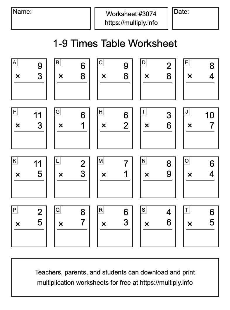 1 to 9 Times Table Worksheet #3074