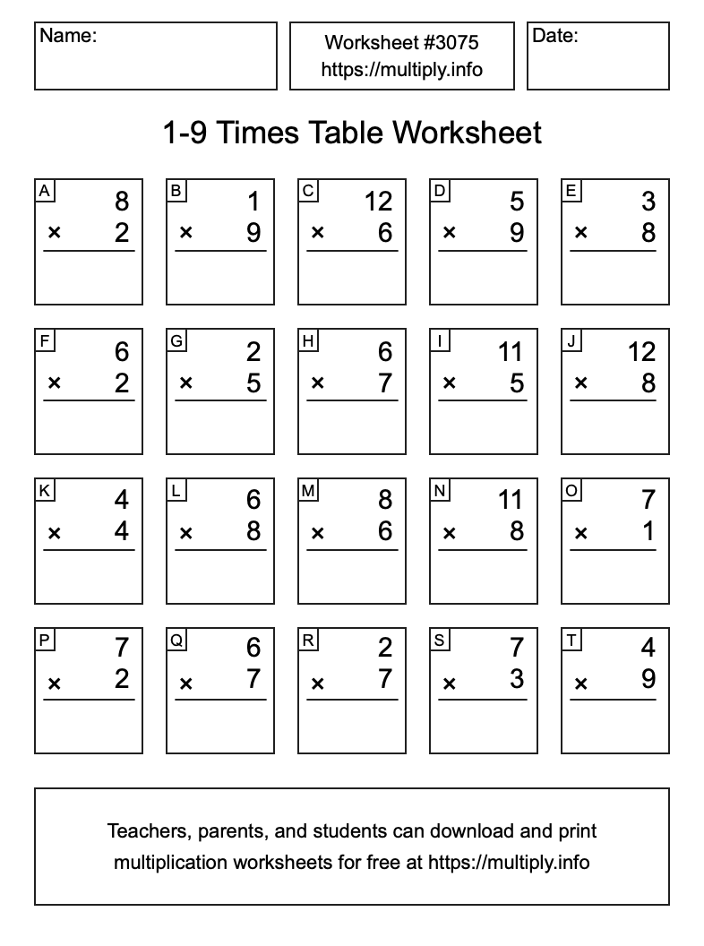 1 to 9 Times Table Worksheet #3075