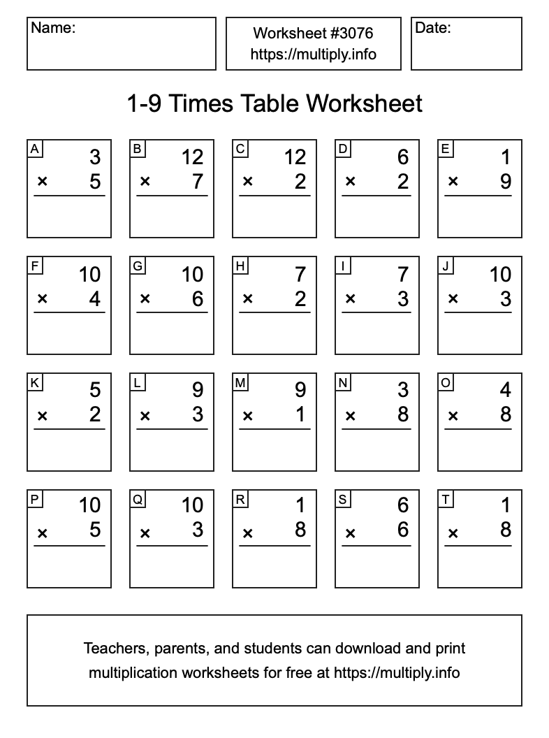 1 to 9 Times Table Worksheet #3076