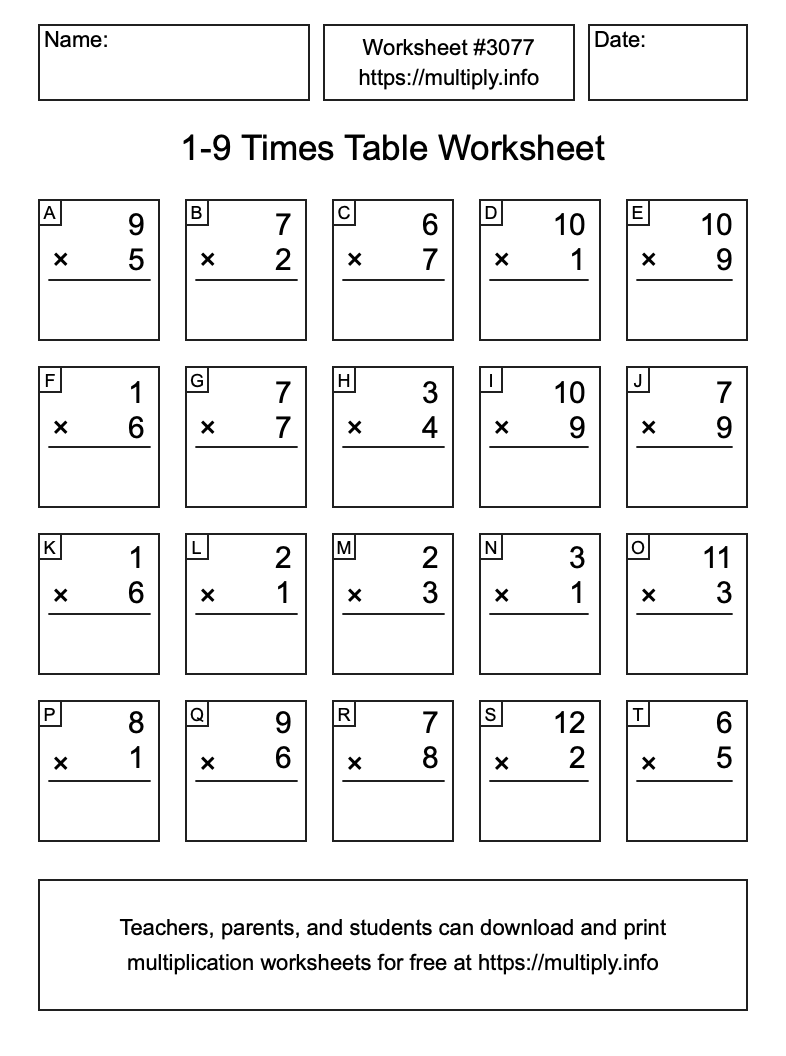 1 to 9 Times Table Worksheet #3077