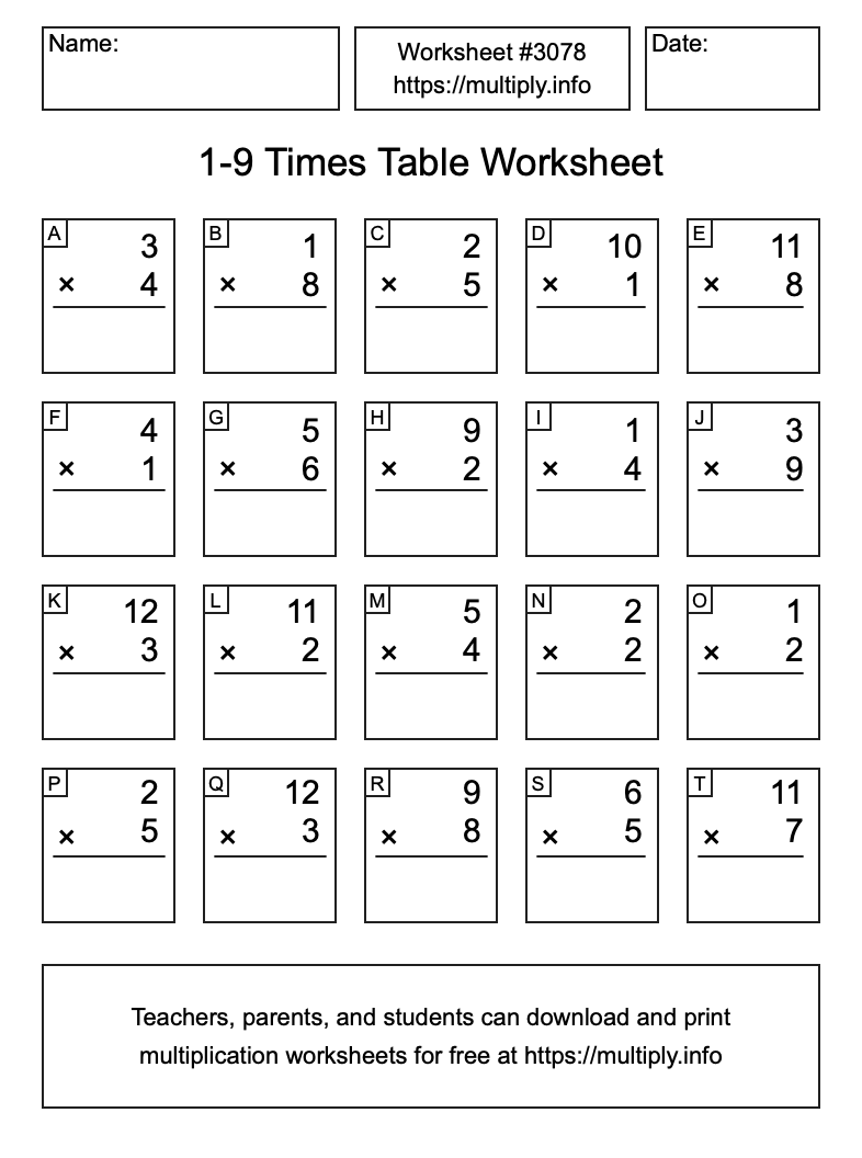 1 to 9 Times Table Worksheet #3078