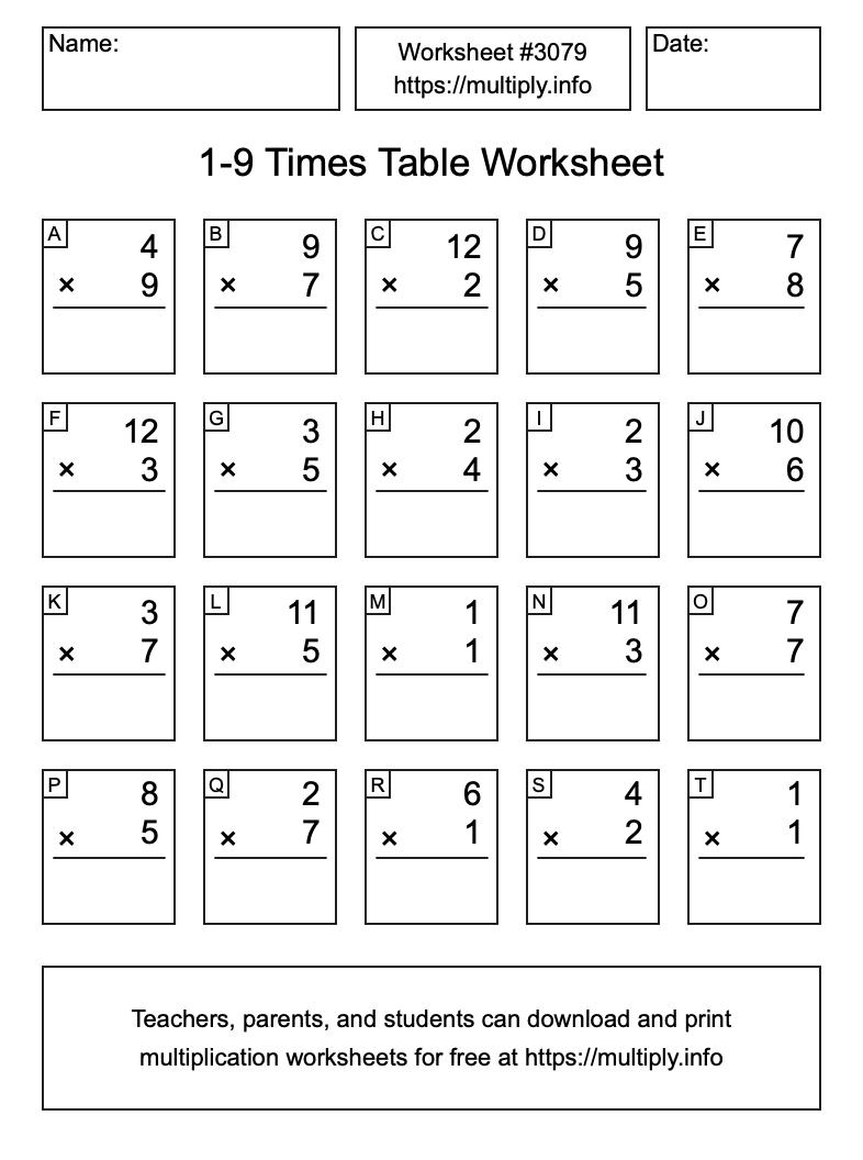 1 to 9 Times Table Worksheet #3079