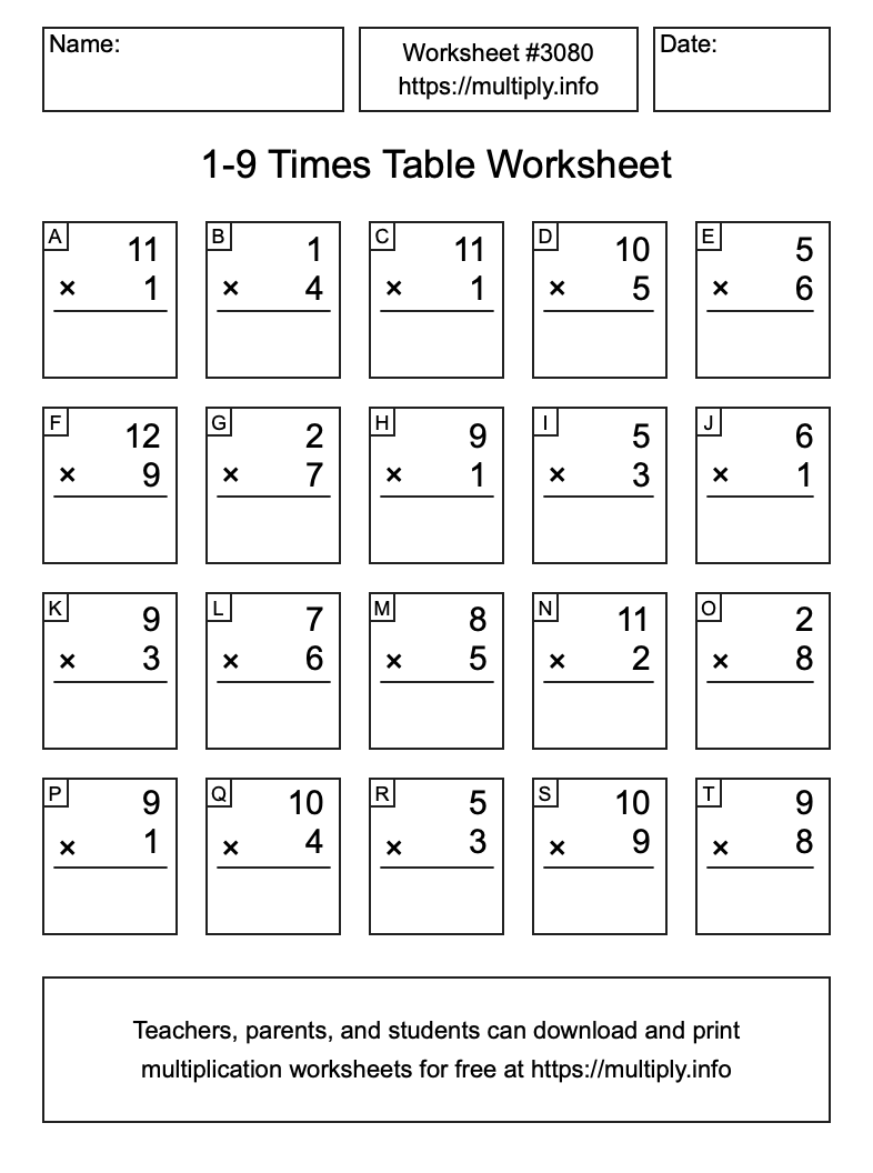 1 to 9 Times Table Worksheet #3080