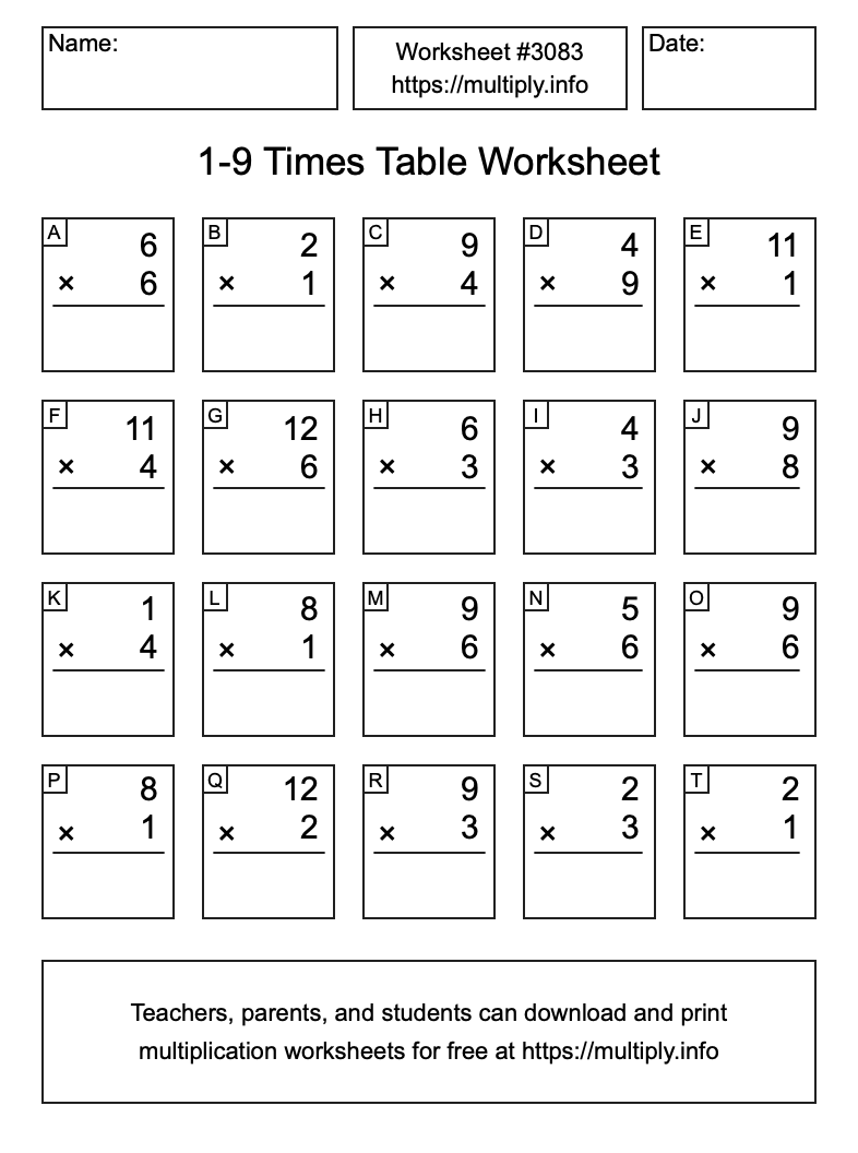 1 to 9 Times Table Worksheet #3083