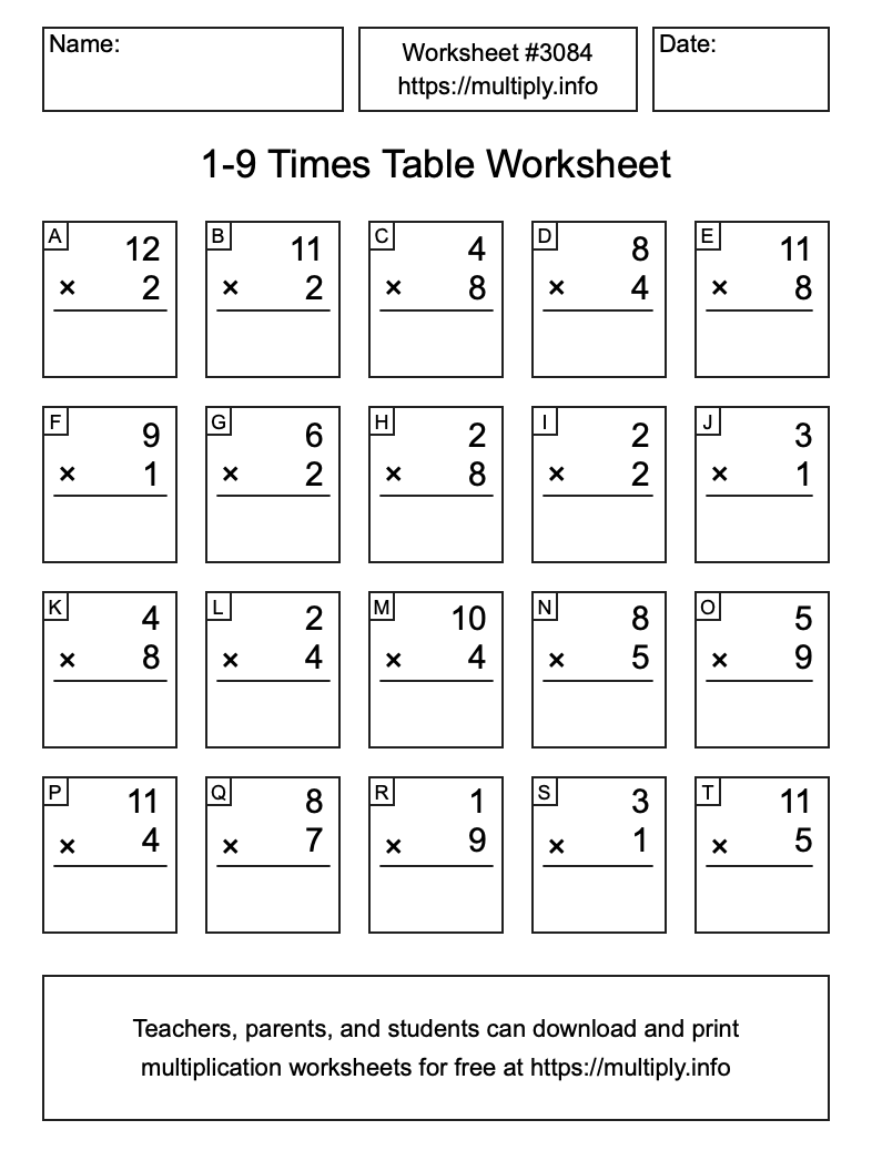 1 to 9 Times Table Worksheet #3084