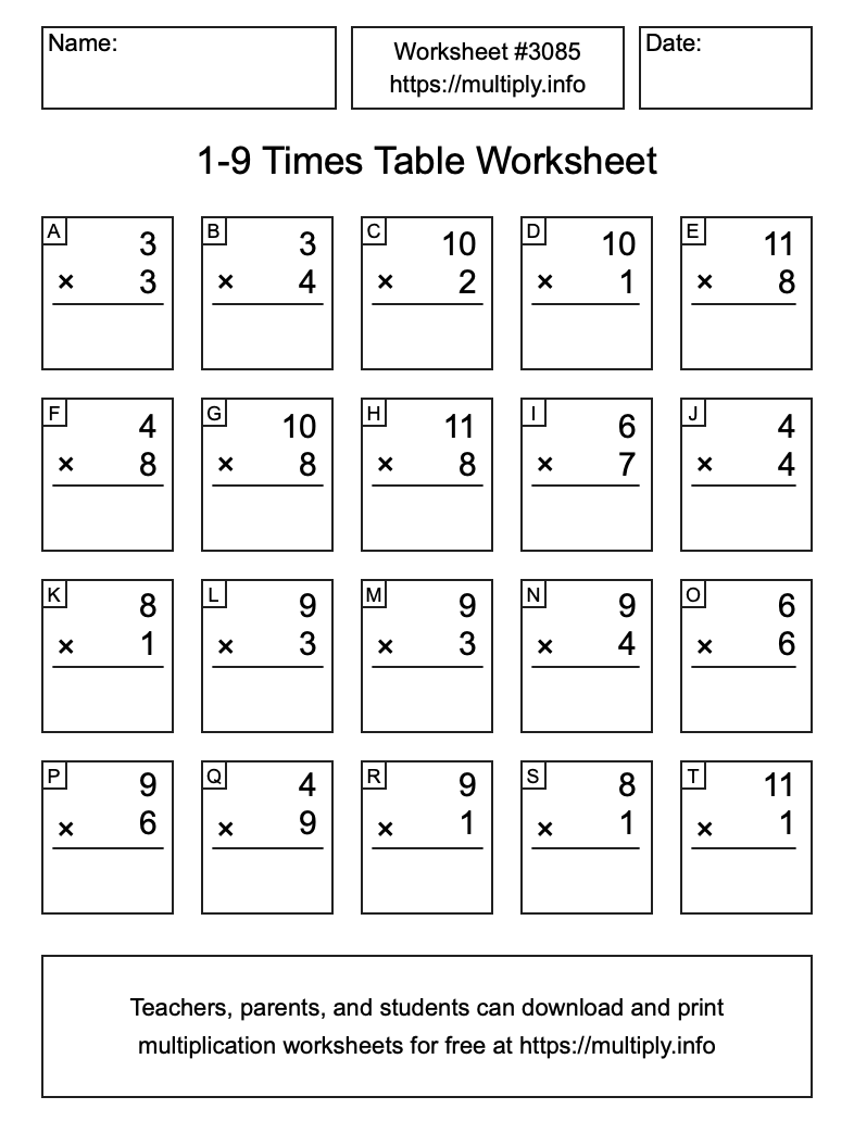 1 to 9 Times Table Worksheet #3085