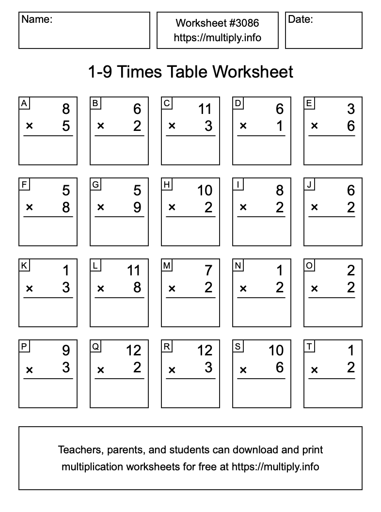 1 to 9 Times Table Worksheet #3086