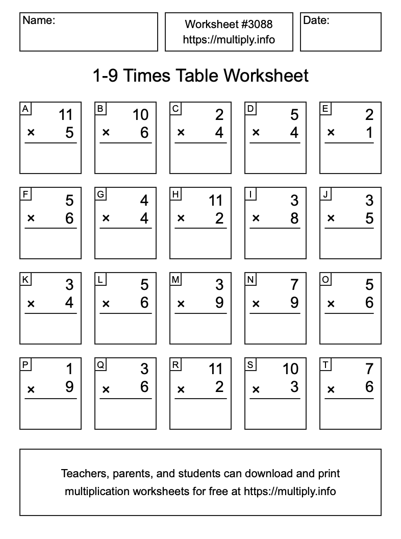 1 to 9 Times Table Worksheet #3088