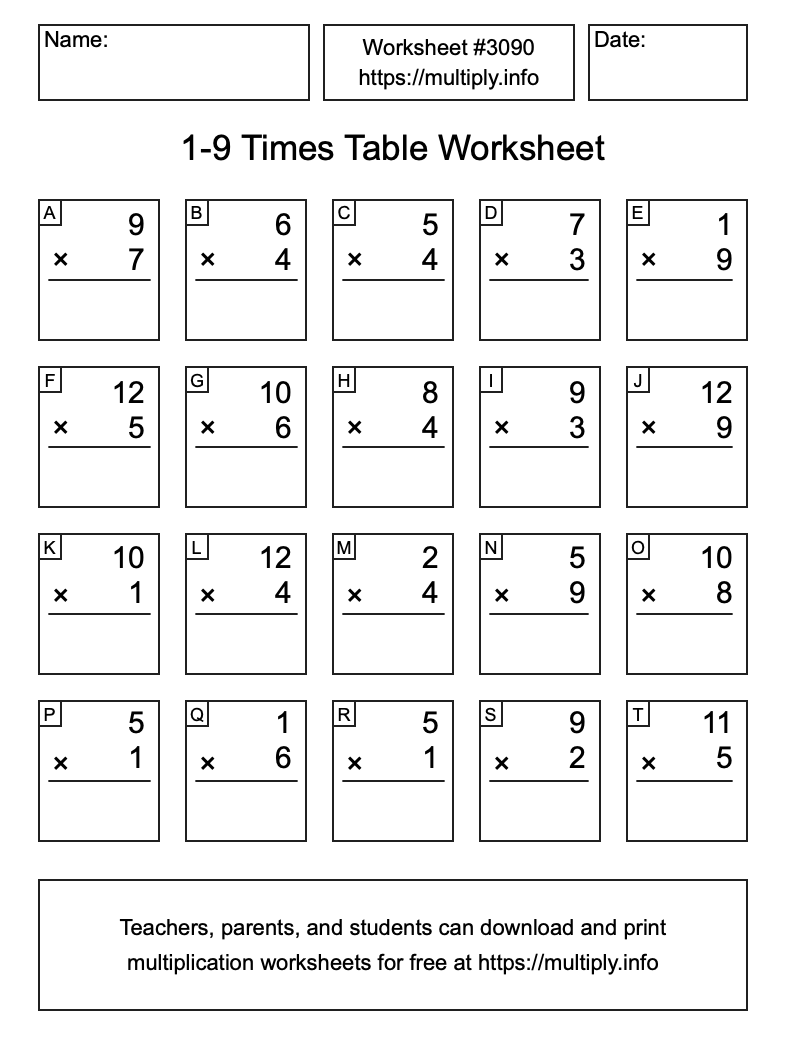 1 to 9 Times Table Worksheet #3090