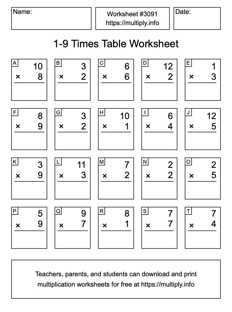 1 to 9 Times Table Worksheet #3091