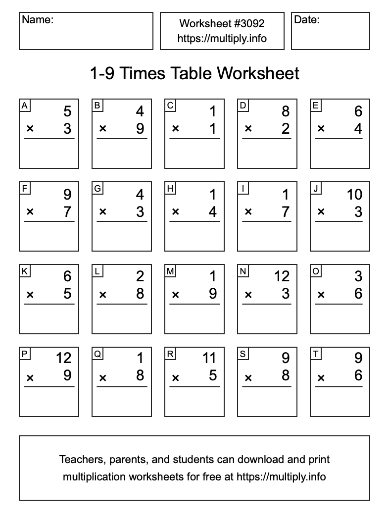 1 to 9 Times Table Worksheet #3092
