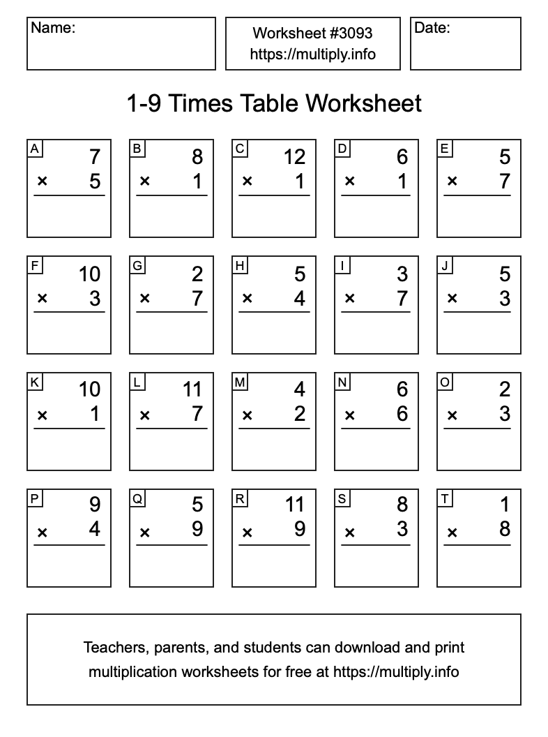 1 to 9 Times Table Worksheet #3093