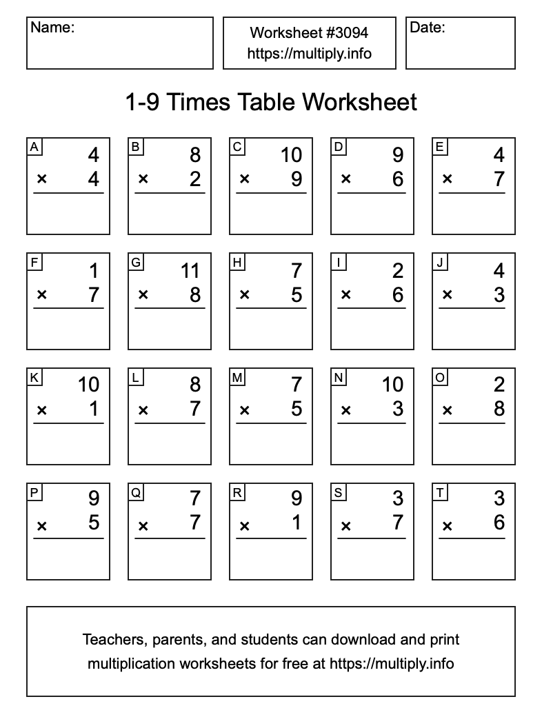 1 to 9 Times Table Worksheet #3094