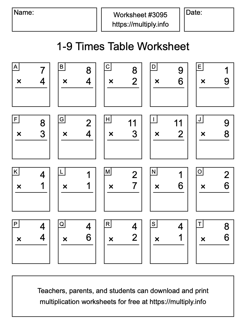1 to 9 Times Table Worksheet #3095