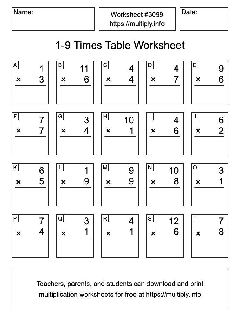 1 to 9 Times Table Worksheet #3099