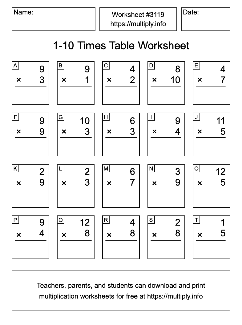 1 to 10 Times Table Worksheet #3119