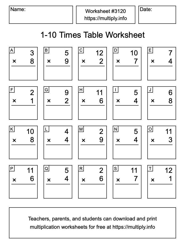 1 to 10 Times Table Worksheet #3120